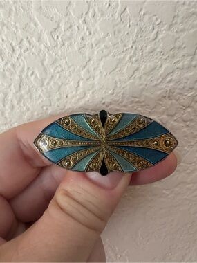 Vintage Blue Enamel and Gold-Tone Decorative Brooch